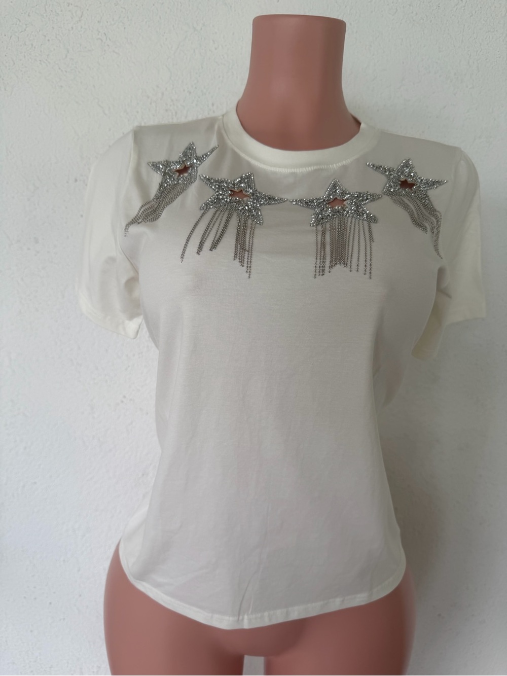 Women’s Cream Short-Sleeve Tee with Silver Star Chain Embellishments